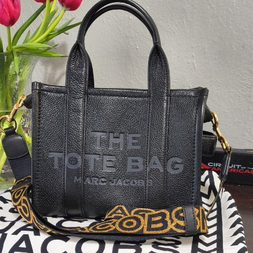 Marc Jacobs Black Leather Small Tote with Gold/Black Thin Webbing Strap